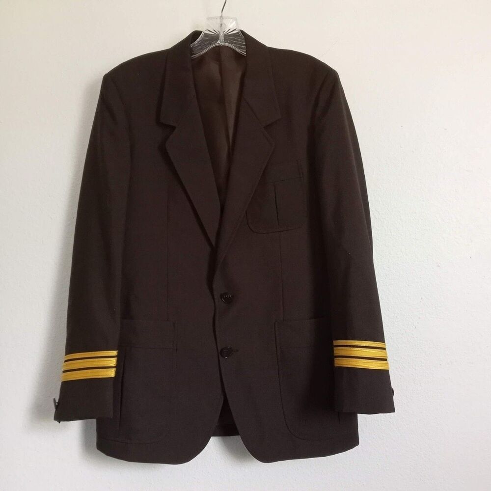 Vintage CARVEN Pilot Uniform SAUDIA Jacket 40" Brown Gold Stripes Wool Blazer